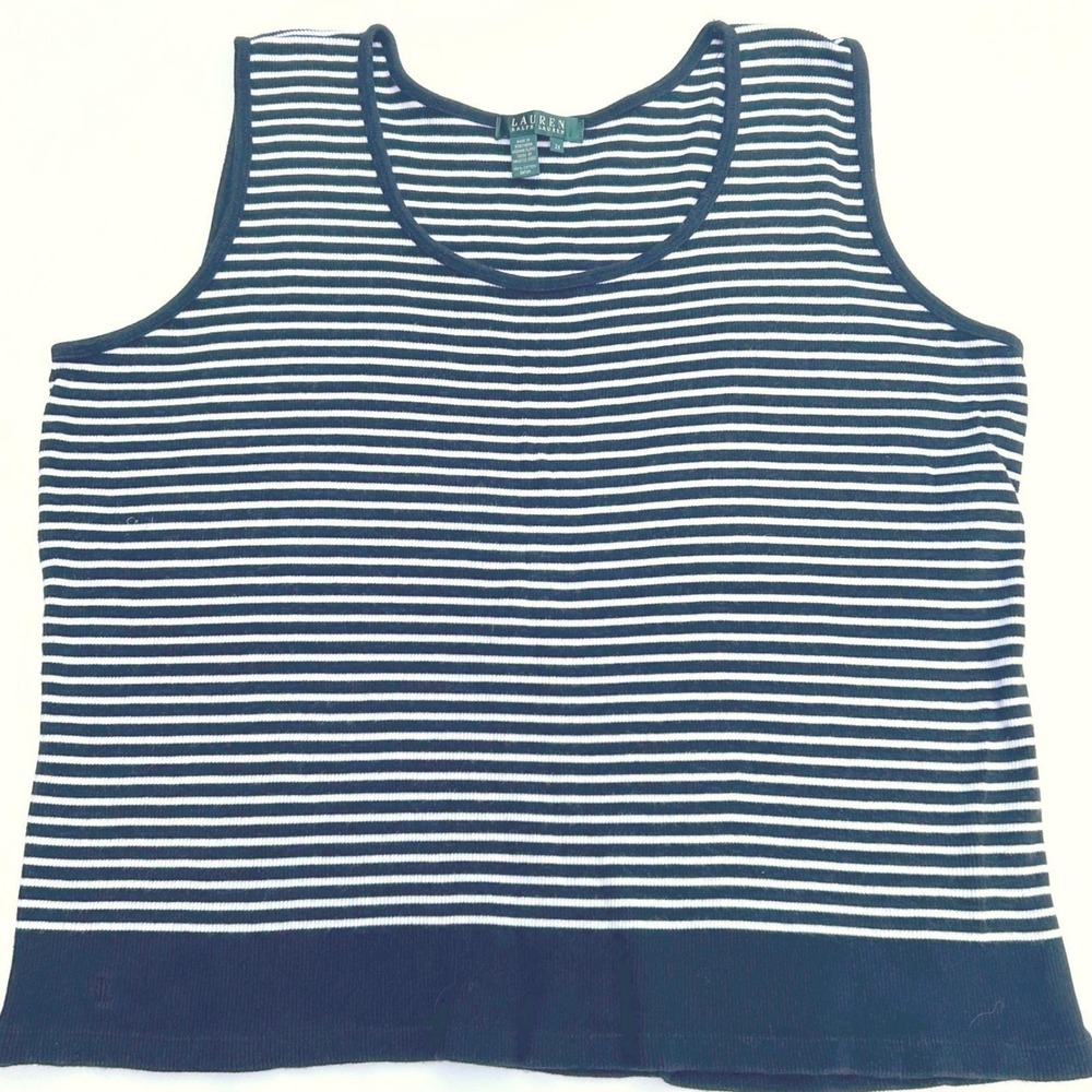 Lauren Ralph Lauren Nautical Tank Top 2X Black Striped Ribbed Knit Preppy Y2K